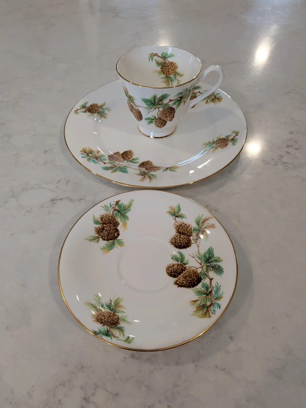 Bone Clarence China England Pinecone Tea Cup, Saucer & Plate Set Vintage 1950s.